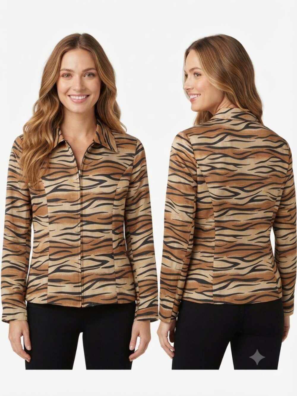 Vintage Silkland 100% Pure Silk Tiger Print Zip-Up Jacket - Size 6